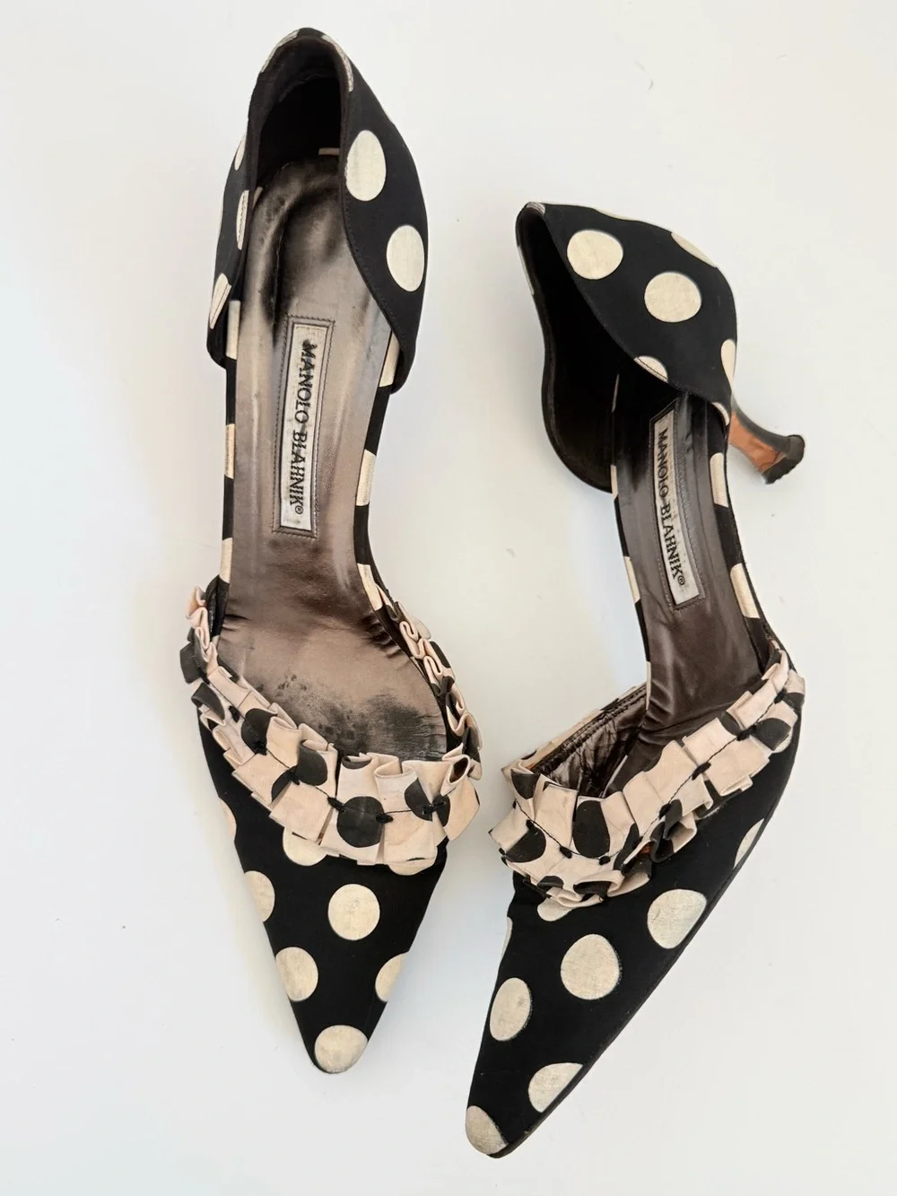 Manolo Blahnik Vintage Black White Polka Dot Ruffle D’Orsay Pumps 41.5